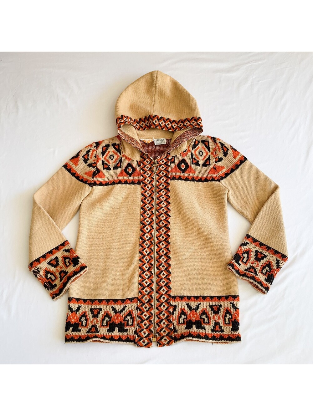 True Vintage '70s Wintuk Hooded Zip Sweater Andean Geometric Pattern Acrylic Med